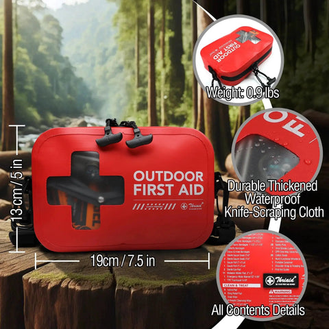 Waterproof 152 Piece First Aid Kit in Red Portable Dry Bag shown in outdoor setting with dimensions and features highlighted