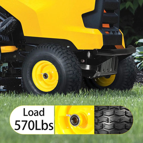 15x6.00-6nhs Beefed Up Lawn Mower Tires and Wheels Set Front Pneumatic Replacement mounted on mower with yellow rim