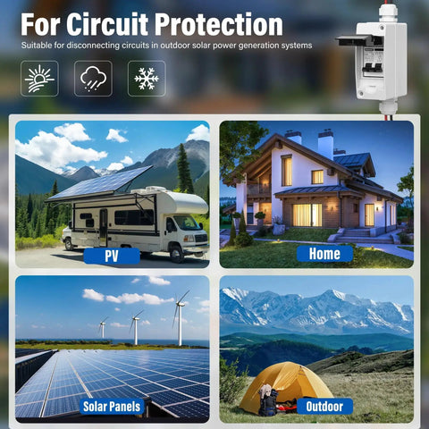 Image illustrating uses of 63 Amp Solar Panel Disconnect Switch For DC 12 To 400V And AC 90 To 400V in home, RV, solar panels.