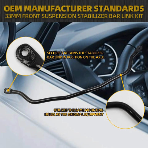 Front suspension stabilizer bar link kit, 33mm, black steel, Dasbecan 927-100, side view with end eyelet and curved rod.