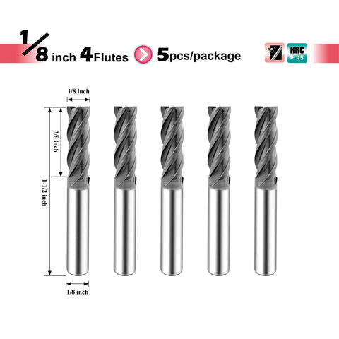 ISE Carbide End Mill One Eighth Inch 4 Flute Square Nose AlTiBN Coated CNC Router Bit Heavy Duty For Hardened Steel Alloy Steel And Stainless Steel 5 Pack Made In Taiwan By Speed Tiger, front view of 5 end mills