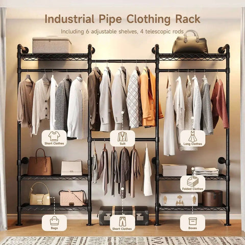 Industrial Pipe Wall Mounted Garment Rack With Walk In Closet System, Four Expandable Rods And Six Adjustable Shelves