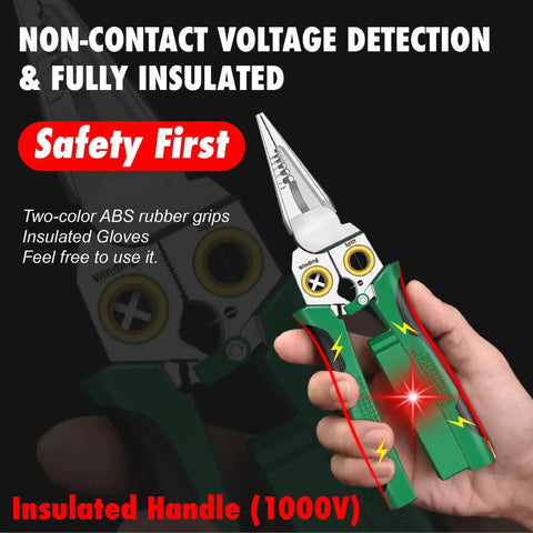 Hand holding Eight In One Wire Stripper Tool With Non Contact Voltage Detector And Insulated Safety Handles For Electricians And DIYers