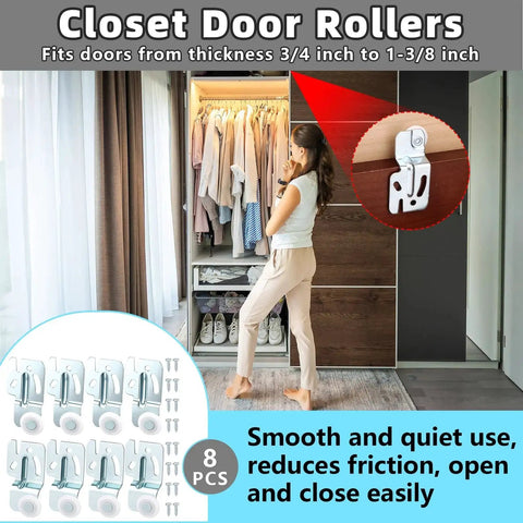 Woman using closet with Eight Piece Closet Sliding Door Hardware Roller Kit With Sixteen Screws for top hung bypass doors.