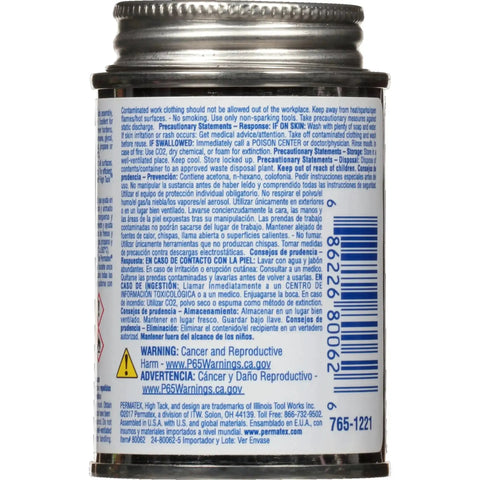 Side view of High Tack Gasket Sealant Black 4 Oz container with detailed warnings and instructions label, showcasing product safety info.