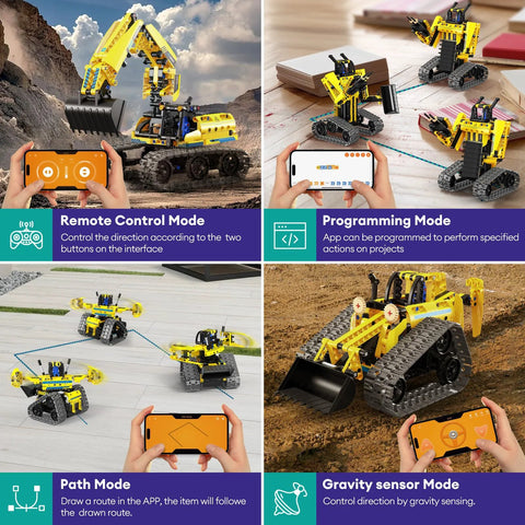 LECPOP 5-in-1 STEM robotics kit with 430-piece blocks; yellow excavator robots controlled by app or remote.