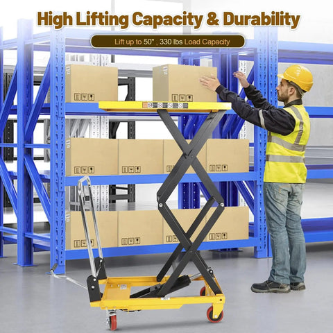 KAFLLA double scissor hydraulic lift table cart with foldable handle; yellow platform, black arms, 330 lb capacity