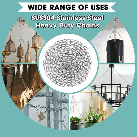 10 Feet SUS304 Stainless Steel Hanging Chain For Home Outdoor Use with examples of uses including hammocks and outdoor lighting.