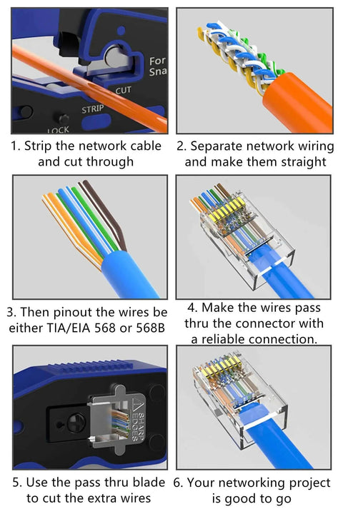 RJ45 Pass Through Crimp Tool For Cat5 Cat5e Cat6 Cat6a And Cat7 Shielded Mod Plugs 8P8C, step-by-step cable termination process