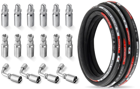 Racewill 33 ft 1/4 in hydraulic braided hose with 16 silver fittings: JIC female, NPTF male, JIC 90° elbow; black hose