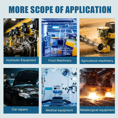 Image of various equipment illustrating the scope of application for heavy-duty industrial machines, including hydraulic and agricultural machinery.