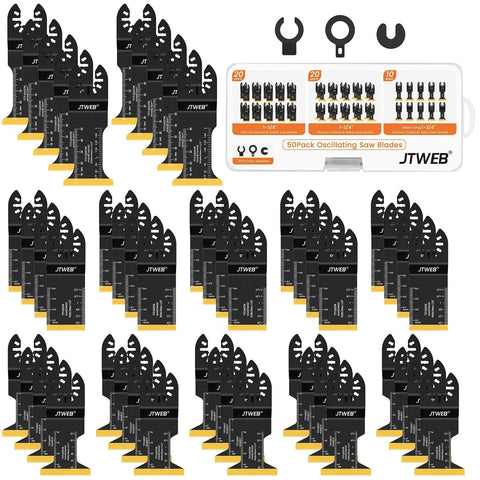 50 Pieces Titanium Oscillating Multitool Blades Set For Metal Wood Plastic Nails With Titanium Carbide Coating Delivers Over 2x Life, Abrasion Resistant, Compatible With Milwaukee Rockwell Ryobi Tools in packaging