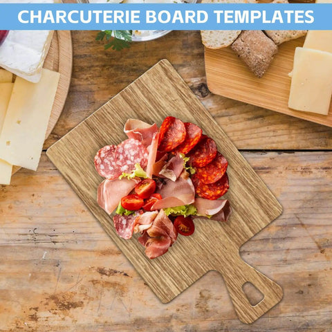 Six Piece Charcuterie Board Template Set and cured meats on wooden board, clear acrylic router templates for woodworking use.