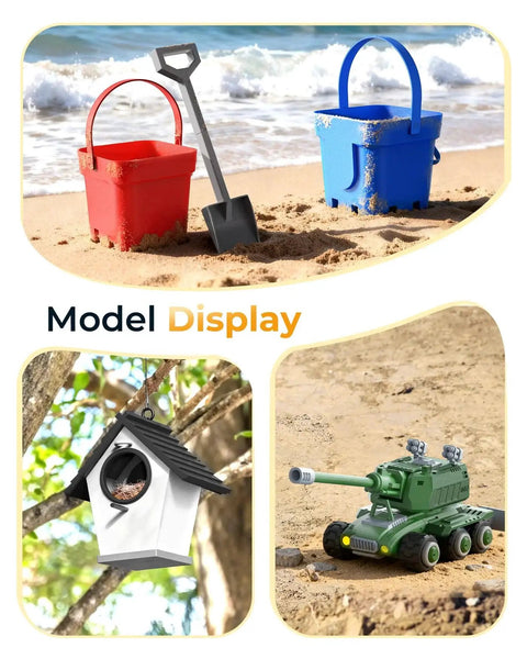 Collage of red and blue beach buckets, a small model birdhouse, and a toy green tank displayed on sand.