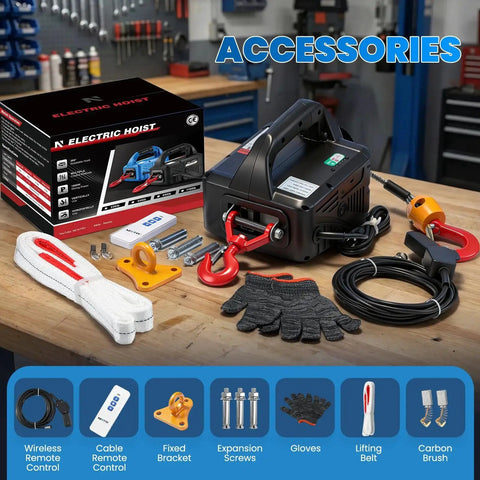 3 In 1 Electric Hoist Winch With Wireless And Cable Remote 1100 Lb Lift shown with accessories in workshop setting