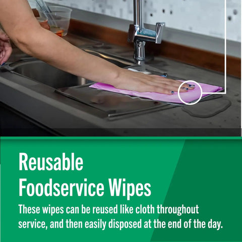 Hand using Foodservice Reusable Paper Towels 13x20 Inch Quarter Fold 200 Count Pink Towels on kitchen sink