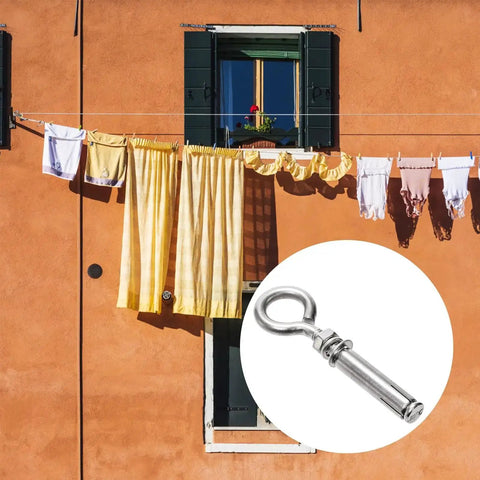 20 Pack M8 By 105mm Expansion Eyebolts In 304 Stainless Steel against a brick wall background, used for securing fixtures.