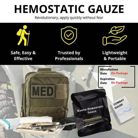 Advanced Quick Clot Combat Gauze for fast bleed stop, Kaolin hemostatic gauze with first aid kit and safety features highlighted