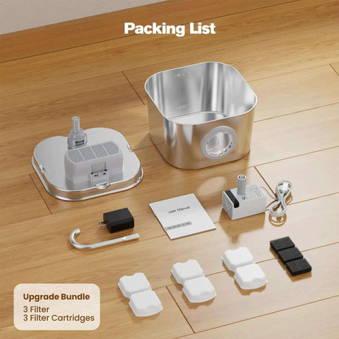 Packing list for Stainless Steel Cat Water Fountain For Cats And Small Pets Automatic Indoor Waterer with components shown disassembled.