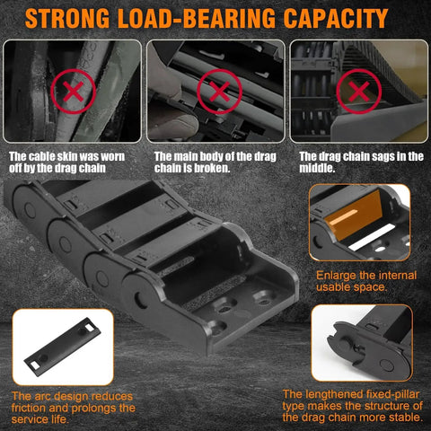 Image showing black 25 X 50 Mm R75 Low Noise Drag Chain for cable management and wire protection, demonstrating load-bearing capacity.