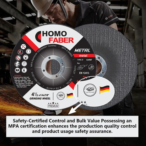 Four And A Half Inch Thick Grinding Wheels For Metal And Stainless Steel General Purpose Depressed Center Discs For Angle Grinders 25 Pack Durable Aluminum Oxide Abrasive For Metalworking By Homo Faber with safety certification and German flag