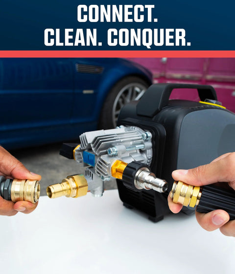 Brass pressure-washer quick-connect kit, M22-14mm to 3/8 in. male/female fittings, two brass adapters shown connected
