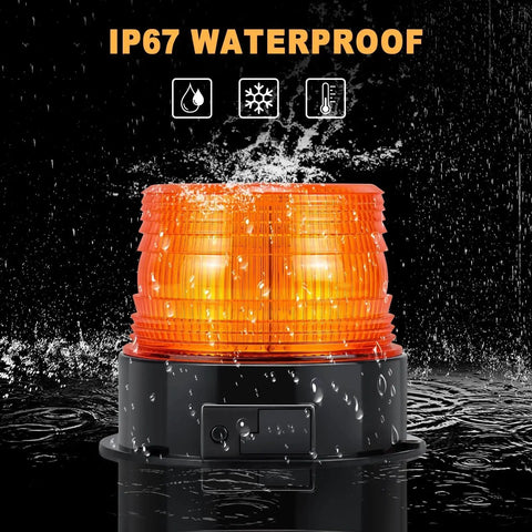 Amber magnetic cordless beacon light mounted on a black base; IP67 waterproof with water spray.