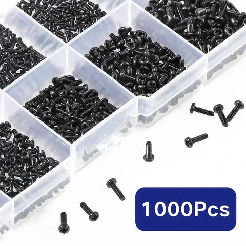 Tiny Micro Repair Screws Set In Black Carbon Steel Phillips Pan Head M1 To M1.7 For Eyeglasses Watches Clocks And Mobile Phones 1000Pcs Assorted Small Machine Screws In Clear Box