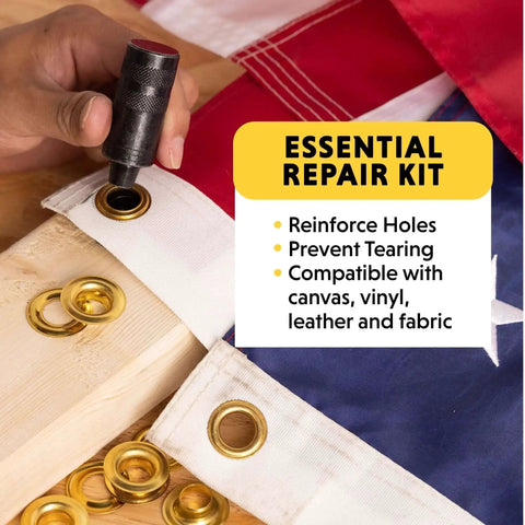 Hand using Half-Inch Grommet Tool Kit With 12 Solid Brass Grommets for tarps, canopies, and fabric repairs, easy install process shown