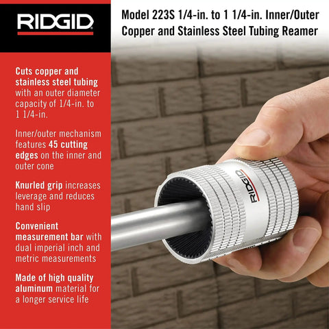 Effortless Copper And Stainless Steel Tubing Reamer For One Quarter To One And A Quarter Inch Pipes With Inner And Outer Cutting Action And 45 Cutting Edges RIDGID 29983 Model 223S Small held in hand with pipe.