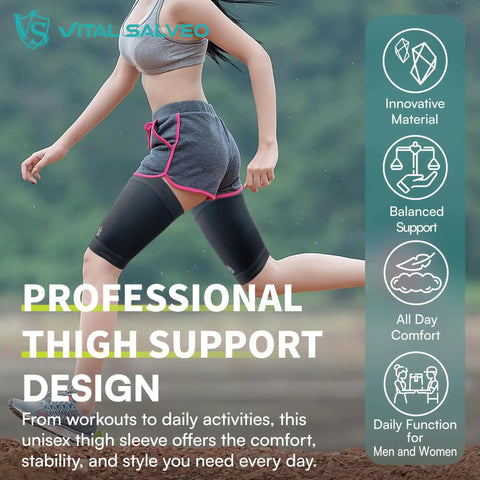 Person running wearing Graphene Thigh And Hamstring Compression Sleeve For Quad Strain Relief Groin Comfort Athletic Recovery