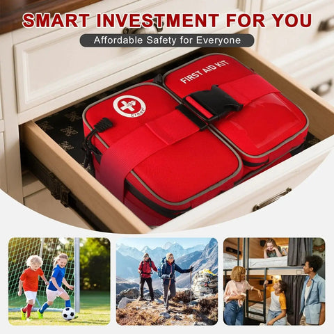 516 Piece First Aid Kit for Car Travel and Home in drawer with waterproof case and labeled compartments molle shoulder strap