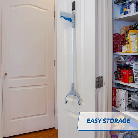 32 Inch Grabber Plus Reacher Tool With Built In Magnet For Trash Pickup And Yard Cleanup hanging in closet near door