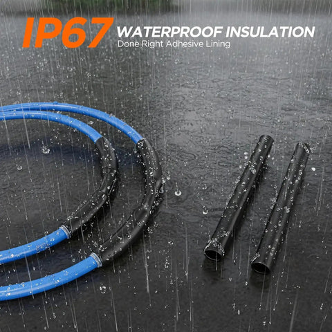 7 Size Heat Shrink Tubing Kit 4 To 1 Shrink Ratio Marine Grade Waterproof 54 Ft, shown with waterproof IP67 tubing in rain.