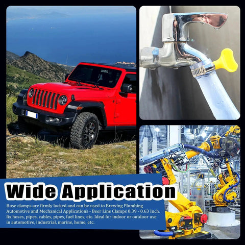 Collage showing adjustable 19-29mm hose clamps in use on a car, plumbing pipe, and industrial machinery. Product focus: Adjustable 19-29mm Hose Clamps Set With Key Type Worm Gear, 20Pcs Stainless Steel 304 Clamps With Plastic Handle For Water Pipes, Plumbing, Automotive And Mechanical DIY Projects, Built Tough, Easy To Install.