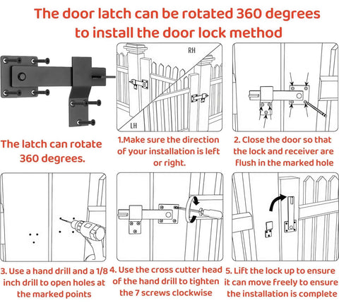 Installation guide for Heavy Duty 6 Inch Barn Door Flip Latch For Sliding Doors And Gates, showing step-by-step procedure and latch features.