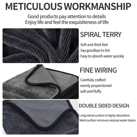 Close-up view of Double Sided Microfiber Cleaning Towel For Shower And Car Detailing, Velvet Absorbing Side And Mesh Wipe Surface, Quick Dry Streak Free Cloths For Kitchen And Windows 40x40cm showing spiral terry and fine wiring features.