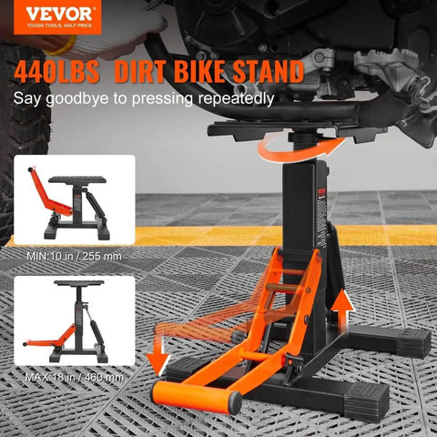 Heavy Duty Dirt Bike Lift Stand With 440 Lb Capacity And Hydraulic Lift, showing adjustable height hoist and sturdy base.