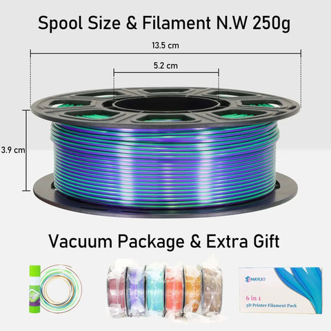 Two Tone Silk PLA Filament Bundle 1.75mm 250g Each Six Spools Coextruded Metallic Silk Finish For 3D Printing Includes Black Red Purple Green Blue Green Red Gold Gold Copper Black Orange.