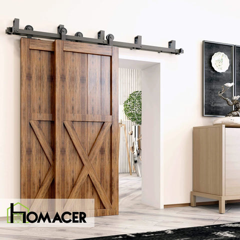 Rustic Black Double Track Bypass Sliding Barn Door Hardware Kit For Two Doors 20ft Flat Track With U Shape Brackets And T Shape