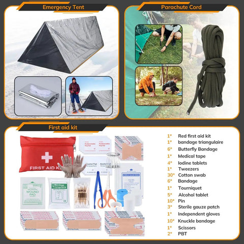 Emergency tent, parachute cord, and first aid supplies from the 250 In 1 Survival Kit With 250 Pieces Of Tactical Gear And Trauma Bag