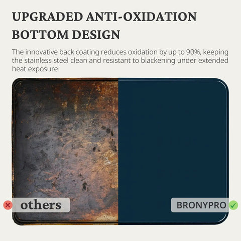 Comparison of upgraded anti-oxidation stainless steel baking sheet with wire racks in navy finish reducing oxidation.