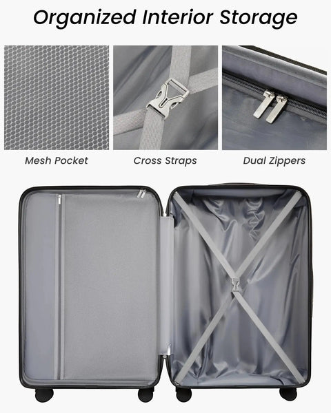 Interior view of Five Piece Hardside Luggage Set With Spinner Wheels TSA Approved showing mesh pocket, cross straps, dual zippers