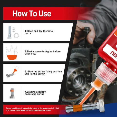 Guide using Orange High Temp High Strength Threadlocker For Bolts Two Pack 3.38 Ounce Tubes, showing application steps.