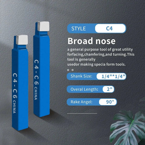 Two blue carbide lathe tool bits labeled C4-C6, with details on shank size, overall length, and rake angle for machining.