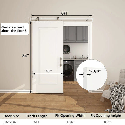 36x84 Sliding Barn Door Kit, 1 Panel White Primed Interior Closet Door With Satin Nickel 6ft Hardware, shown installed in room.