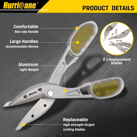 Lightweight Aluminum Tin Snips With Replaceable Blades for HVAC Sheet Metal and Vinyl Siding, ergonomic handles, replacement blades shown