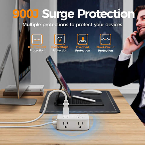 Surge Protector Power Strip With 8 Outlets And 3 USB Ports Including USB C 5 Ft Flat Plug 1250W 900J Surge Protection on desk