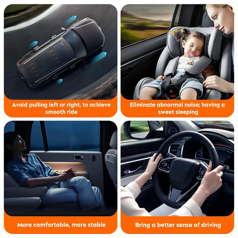 Infographic showing vehicle features for smoother ride, noise elimination, enhanced comfort, and better driving experience.