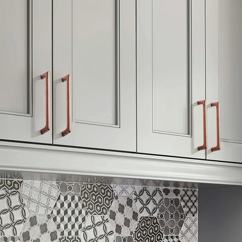 Vintage Antique Copper Cabinet Pulls 10 Pack Six And A Quarter Inch Drawer Pulls For Cabinets And Furniture Kitchen Hardware Cabinet Handles Knobs With Rustic Farmhouse Style For Dressers Chests And Closets installed on gray kitchen cabinets.
